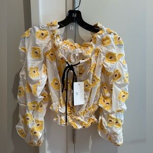 NWT Caroline Constas Yellow, Brown & White Puff Sleeve Ruched Cropped Blouse